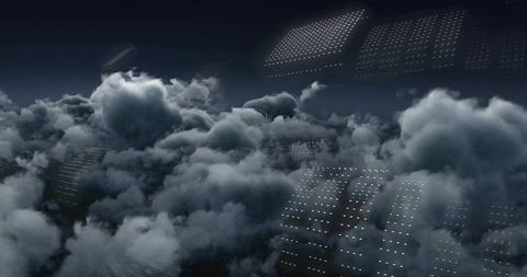 Futuristic illuminated cloud city revealing grid of glowing platforms above night sky
