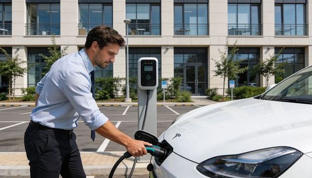 Businessman charging electric vehicle at corporate charger, sustainable urban commuting concept