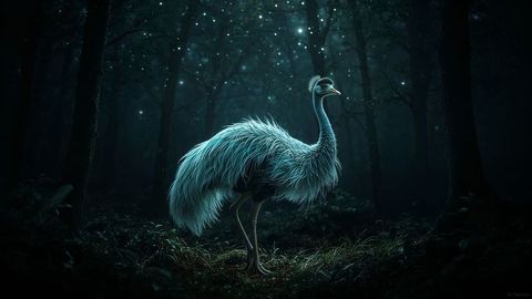 Enchanted nocturnal emu bird amidst glowing forest orbs