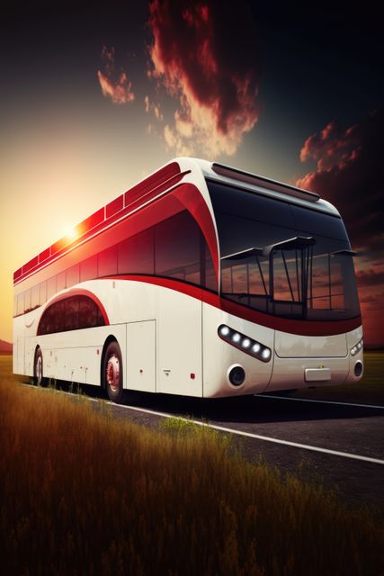 Image depicting a modern luxury bus driving on a rural road during sunset. The sky is painted with hues of orange and red, casting a serene evening glow over the landscape. This visual can be useful for travel and tourism websites, transportation services promotions, road trip advertising, and content related to rural travel experiences.