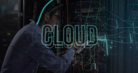 IT Engineer Managing Server Rack with Cloud Hologram Overlay for Datacenter Operations