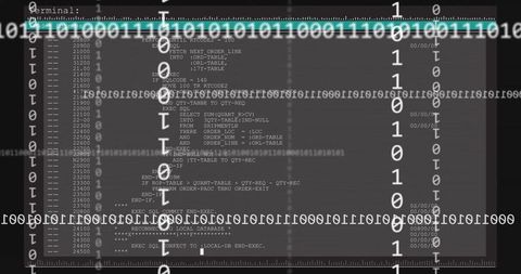 Futuristic digital interface with code stream and binary overlay