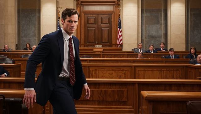 Attorney walking through courtroom aisle passing judge's bench under american flags