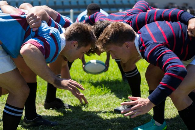 Close up of men playing rugby at grassy field - Download Free Stock Photos Pikwizard.com