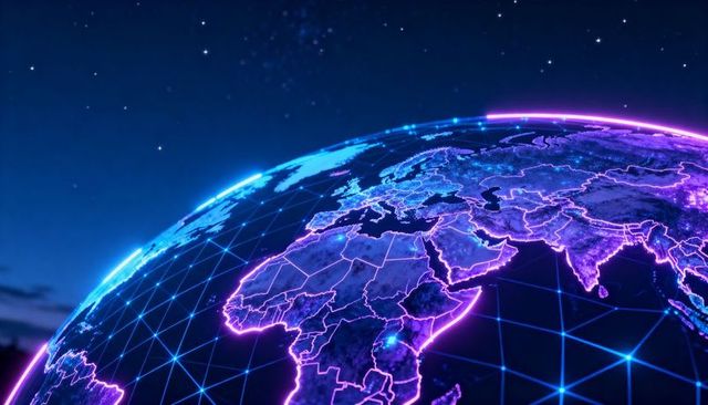 Glowing neon globe connecting Europe, Africa, Asia with digital grid and data nodes