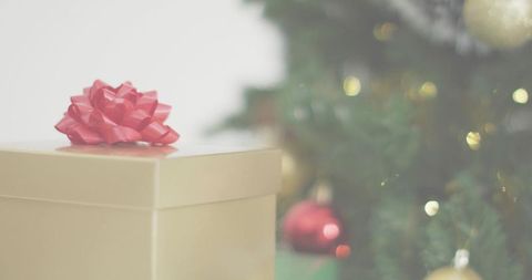 Golden Gift Box Sitting with Glossy Red Bow Beside Festive Christmas Tree Lights