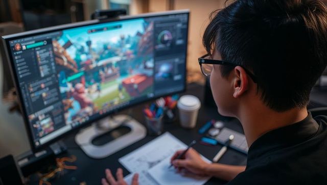 Young gamer sketching game concept at curved monitor workstation