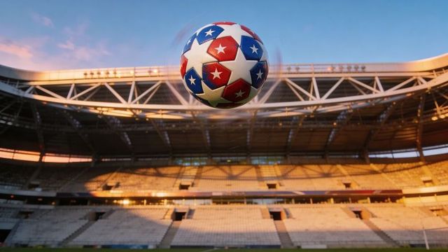 Red white blue soccer ball soaring over stadium at golden hour, motion blur