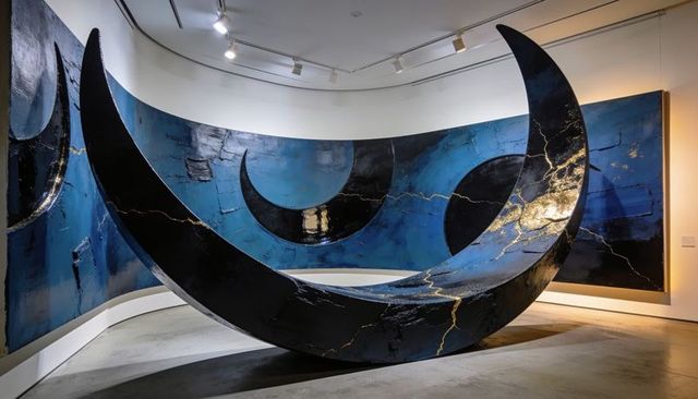 Monumental crescent sculpture showcasing blue and gold curved panel installation in gallery
