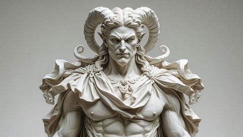 Majestic horned satan figure sculpture in marble with intricate fabric details