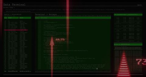 Cyber Data Terminal Interface Showing Green Code Panels, Hex Dumps and Red Scan Beam