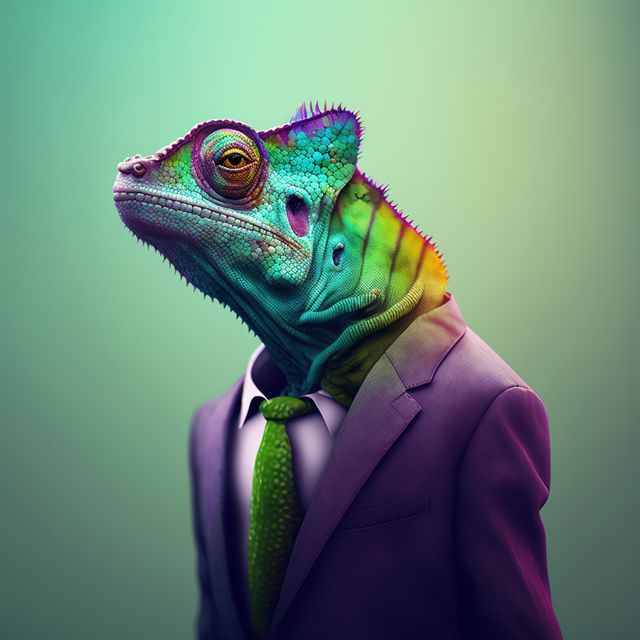 Portrait of chameleon with purple suit and green tie, created using generative ai technology. Nature and style concept, digitally generated image.