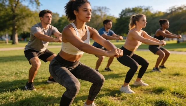 Diverse group performing squats in park during morning outdoor fitness training session
