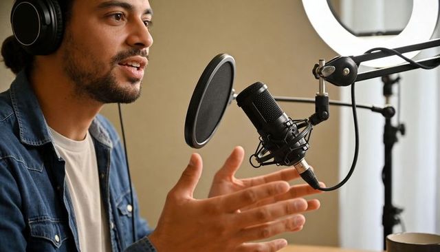 Content creator recording podcast in compact home studio with microphone and headphones