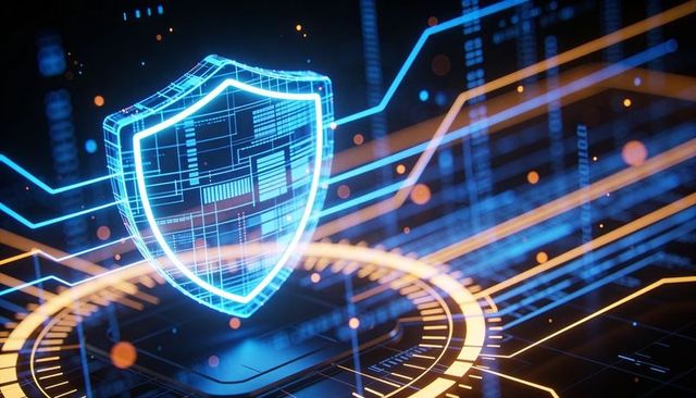 Holographic cybersecurity shield protecting digital network with neon data streams