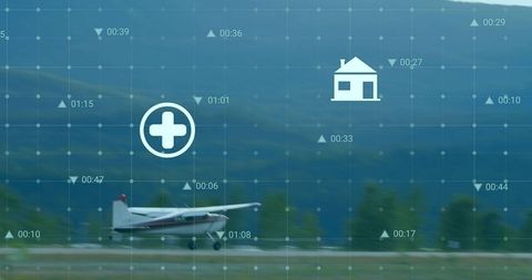 Small Aircraft with Digital Financial Data and Connectivity Icons