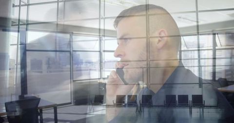 Businessman Having Phone Call in Modern Office with Timelapse Activity