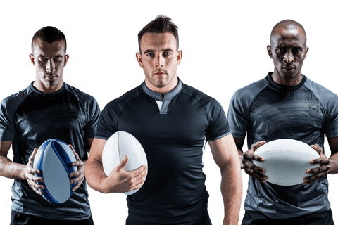 Three diverse athletes holding rugby balls on transparent background