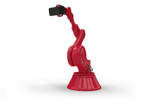Red Robotic Arm Holding Smartphone on Transparent Background