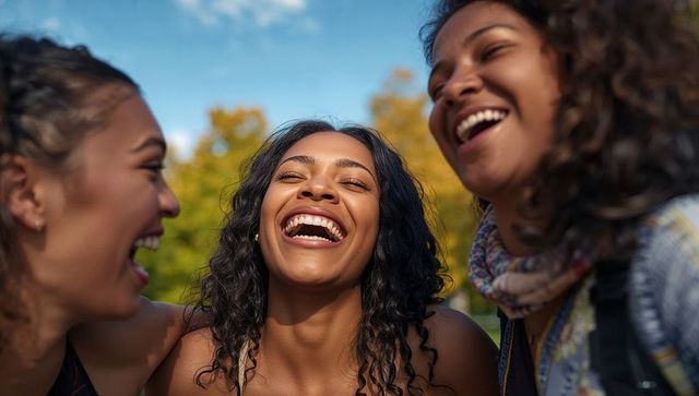 Three friends laughing together in sunny park sharing candid moment of joy