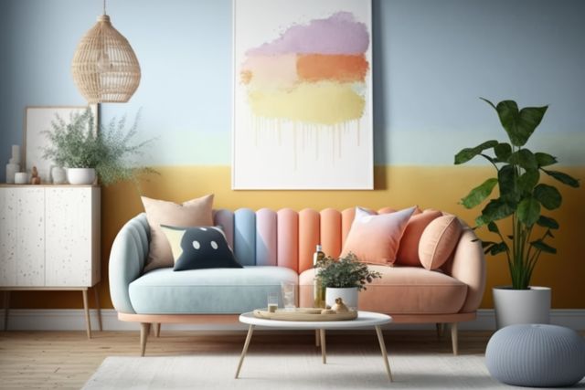 Multicoloured pastel retro sofa with cushions and painting, created using generative ai technology. Interior design, feminine, pastel colours vintage home decoration concept digitally generated image.