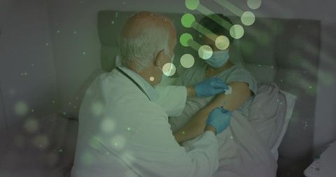 Elderly clinician administering bedside vaccine to masked patient with dna molecule overlay