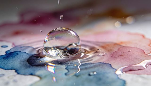 Macro water droplet reflecting rainbow light over vibrant watercolor pigment washes