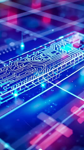 Vertical video zooming on neon PCB circuit board with pulsing nodes and glowing chip