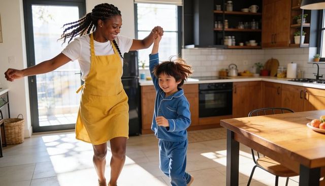 Smiling woman twirling child in sunlit kitchen wearing yellow apron and blue pajamas