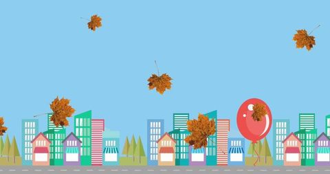 Red Helium Balloon with Feathers Above Pastel Autumn Cityscape