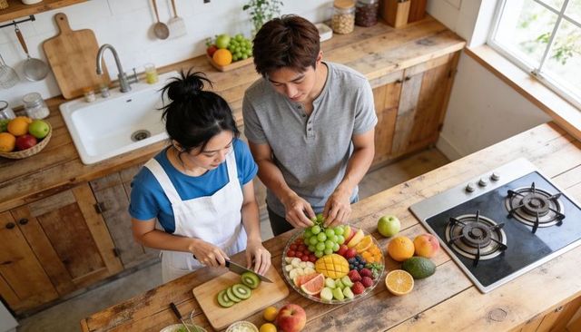 Young couple preparing vibrant fruit platter in rustic kitchen for healthy entertaining