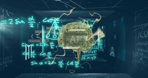 Floating 3d brain linking to holographic panels with neon equations for ai research
