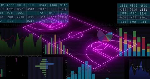 Neon soccer field overlay on data graphics