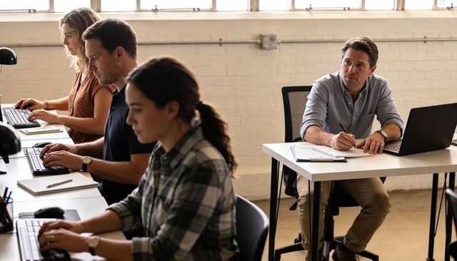 Man taking notes while coworkers typing on laptops in bright open coworking office