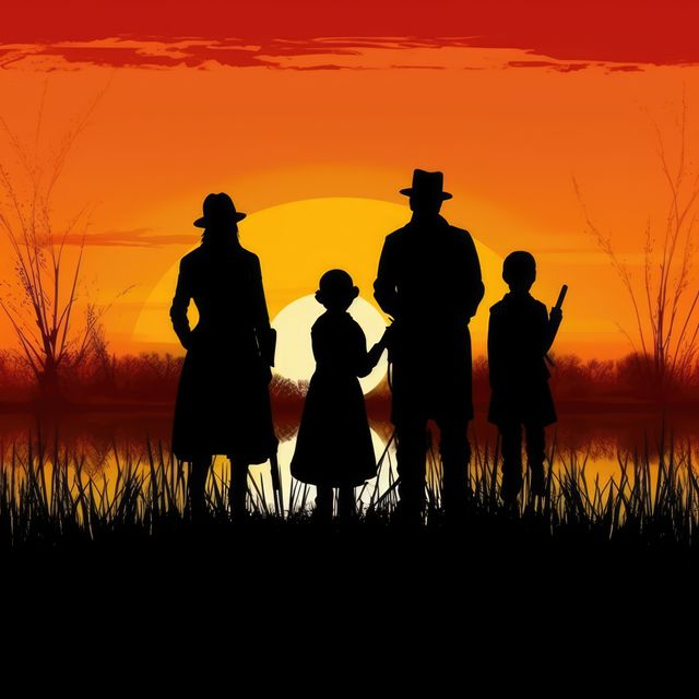 Silhouette of couple with son and daughter at sunset, created using generative ai technology. Sunset family silhouette and nature concept digitally generated image.