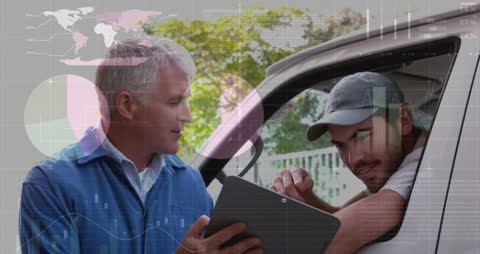 Delivery Team Discussing Logistics with Data Technology Overlay