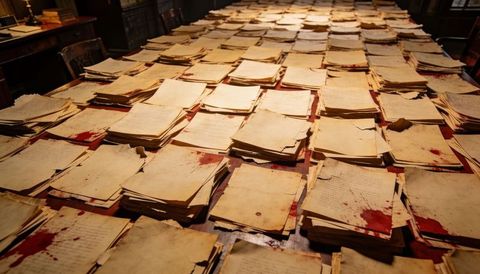 Stacks of aged handwritten documents with bloodstains on long wooden archival table for forensic mys