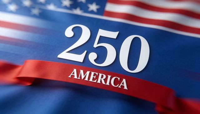 250 anniversary typography on american flag with red america ribbon and bold serif numerals
