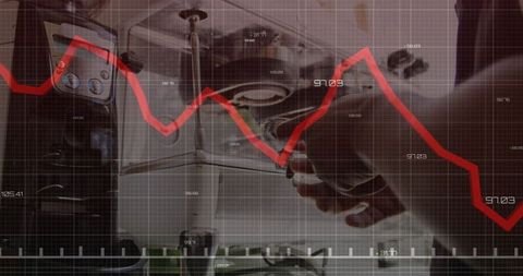 Barista crafting espresso with financial chart overlay