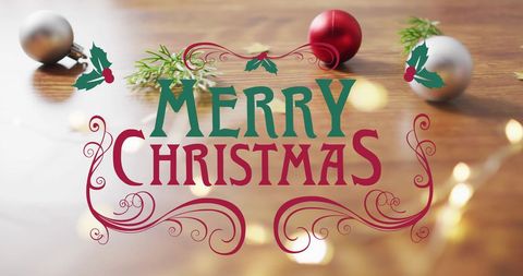 Festive Merry Christmas Greeting with Baubles and Foliage