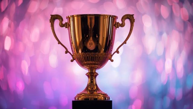 Ornate gleaming gold trophy cup on pedestal with purple-pink bokeh celebration backdrop