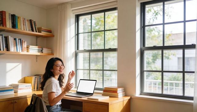 Smiling woman gesturing to blank laptop in bright home study with books and large windows