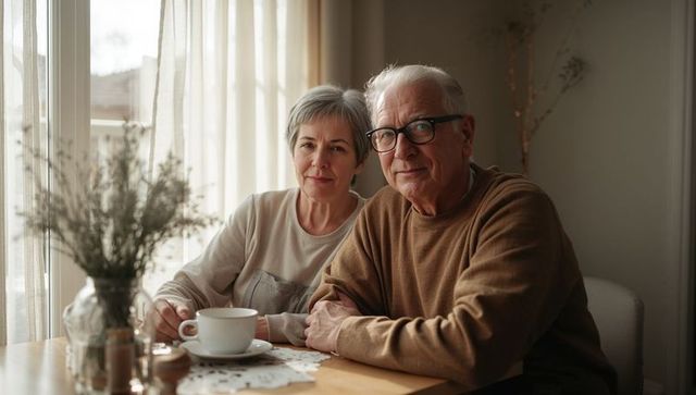 Senior couple enjoying morning tea in cozy sunlit nook, holding hands, peaceful companionship