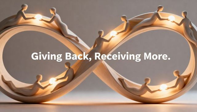 Wooden infinity loop sculpture showing figures passing glowing orbs symbolizing reciprocity