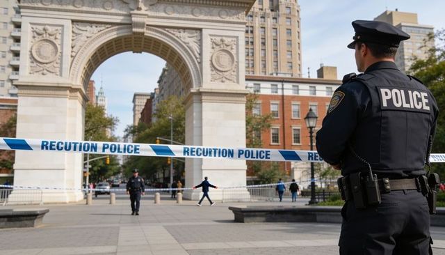 Police officer guarding stone arch plaza with cordon tape and urban security patrol