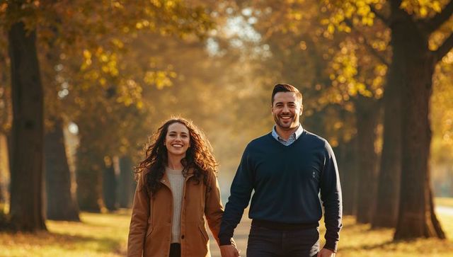 Smiling Couple Walking Through Autumn Park Path Surrounded by Golden Leaves