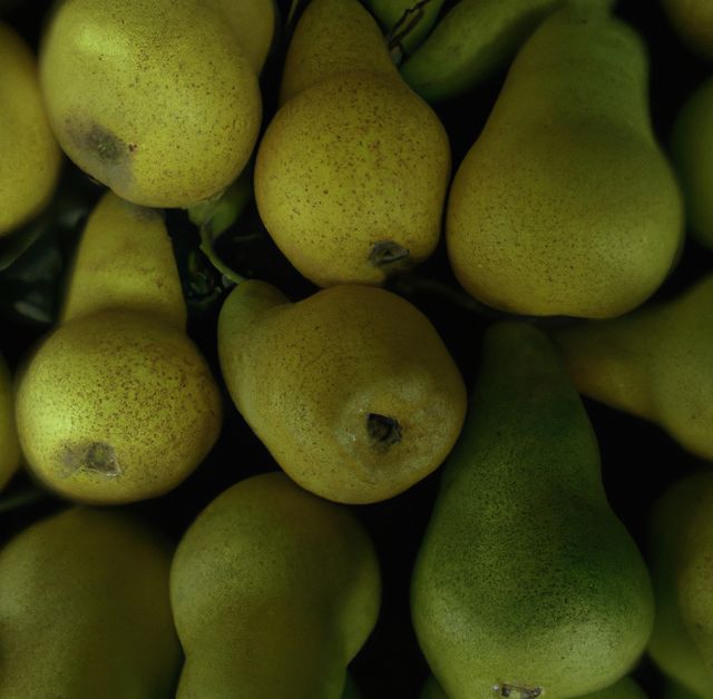 Close-up view of a pile of fresh yellow and green pears. Perfect for illustrating concepts of healthy eating, organic produce, and fall harvest. Ideal for use in marketing materials for grocery stores, nutritional blogs, and food magazines.