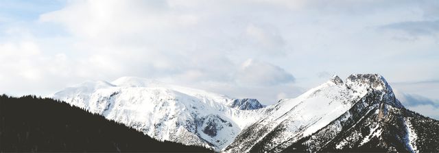 Scenic panoramic view of snow-covered mountain range with forested hills in the foreground, under a cloudy sky. Perfect for highlighting natural beauty, winter travel destinations, adventure inspirations, and wilderness explorations. Suitable for use in travel brochures, nature documentaries, outdoor adventure websites, and serene landscape artwork.