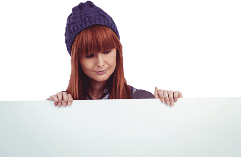 hipster woman in beanie holding white transparent card - Download Free Stock Videos Pikwizard.com