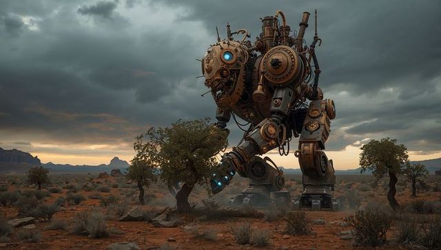 Giant Steampunk Robot Navigating Desert Landscape